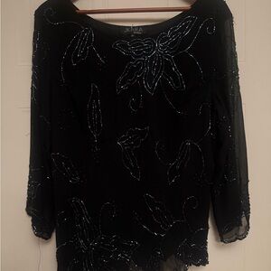 J Kara Black and Blue Beaded Blouse.